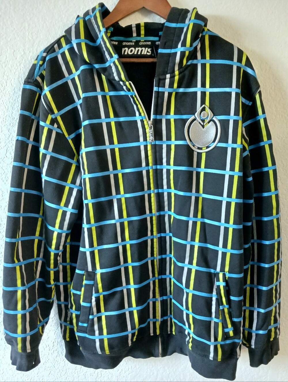 Nomis Black Snowboard Jacket with Hood Blue & Yellow Plaid Stripes - Mens Large